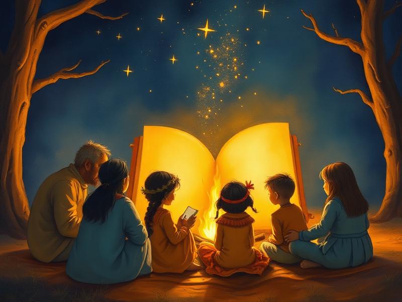Illustration of families sitting in a circle around a glowing book-shaped campfire under the stars