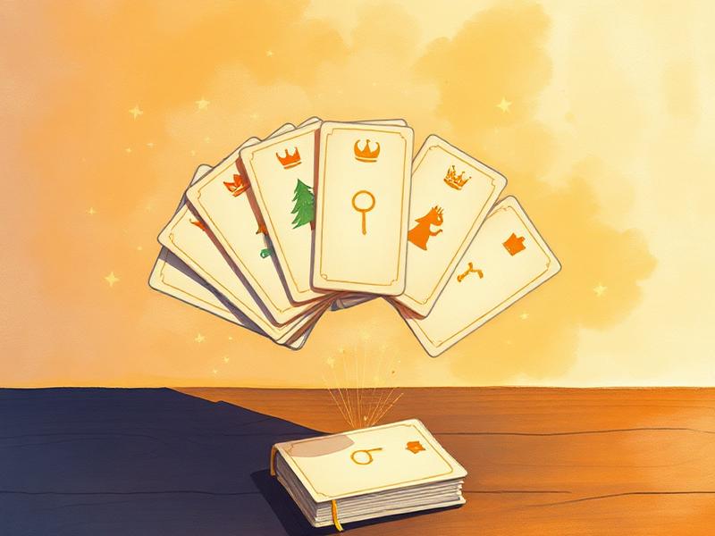 Illustration of a fanned deck of story prompt cards with tiny icons floating above a table