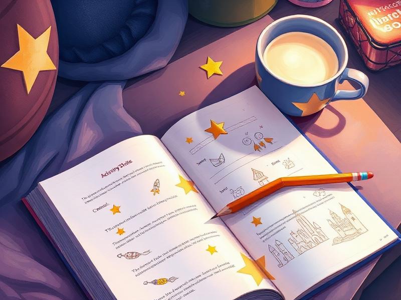 Illustration of an open activity workbook with golden star stickers and a pencil on a cozy desk