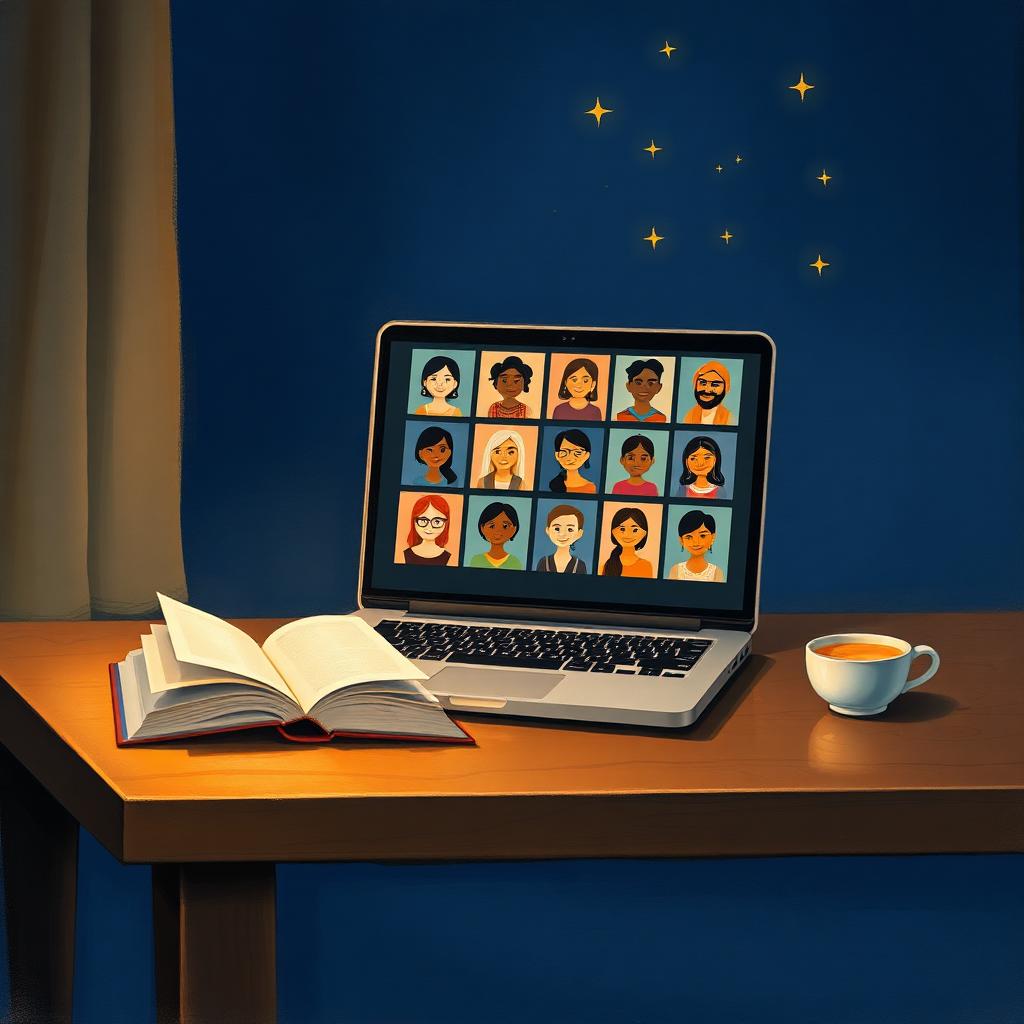Illustration of a laptop on a wooden table showing a warm video circle of parents, beside a glowing open book and a cup of chai