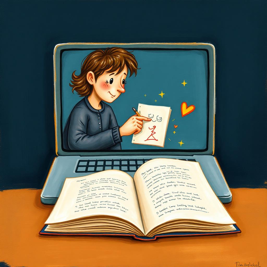 Illustration of a mentor on a laptop screen giving kind feedback on a child's drawing