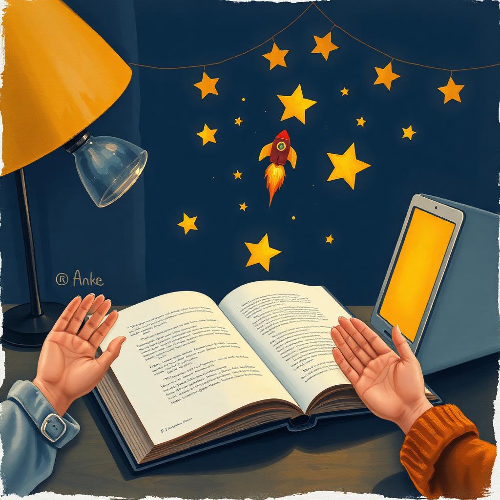 Illustration of a handmade storybook on a desk with paper stars and a rocket floating toward a glowing laptop screen