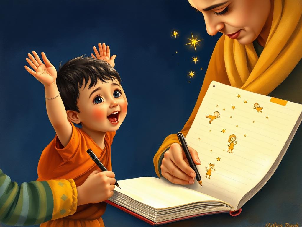 Illustration of a child narrating a story while a parent writes it down, characters floating above the notebook