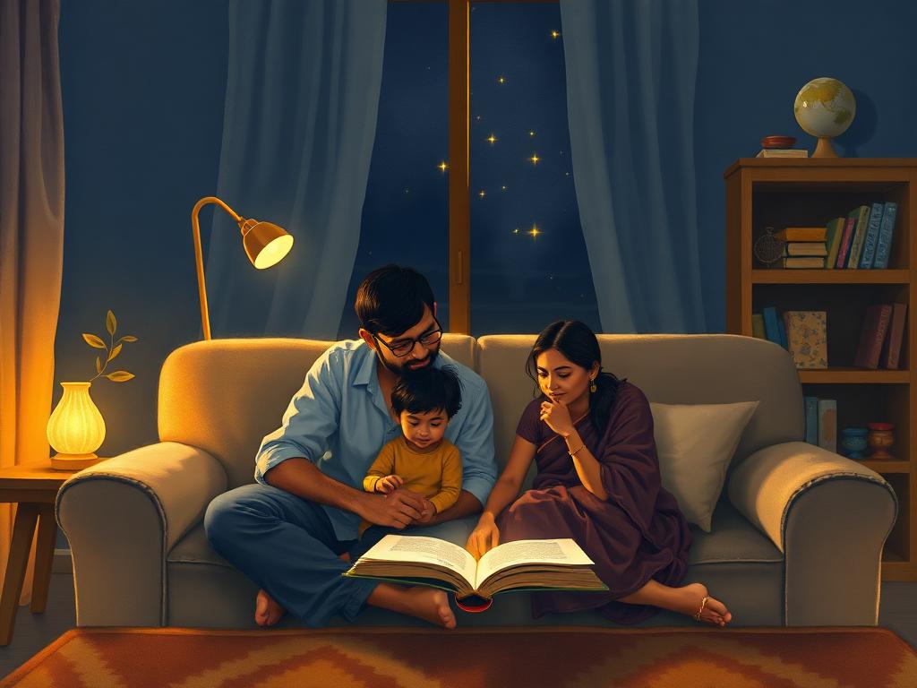 Illustration of a parent and child sharing a bedtime story on a sofa under a warm lamp, stars outside the window