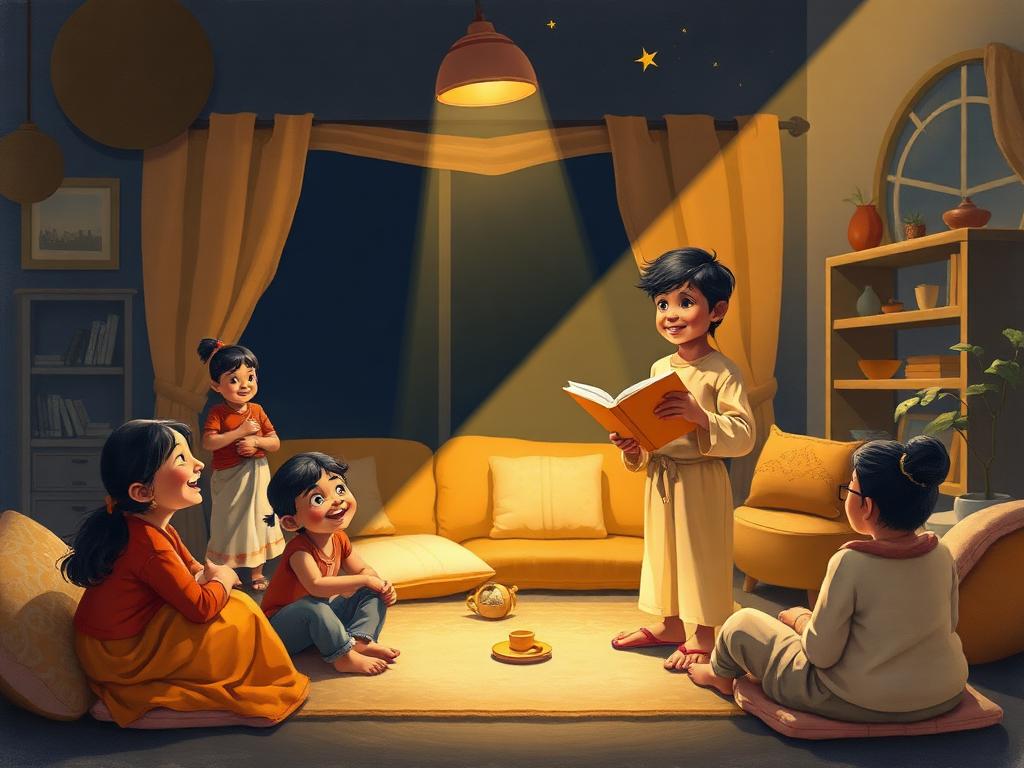 Illustration of a child presenting a story to classmates, a paper rocket rising above the open book