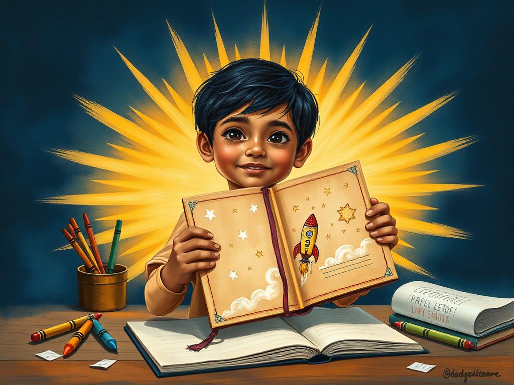 Illustration of a handmade storybook with a child’s drawings on its cover, held up proudly in lamplight