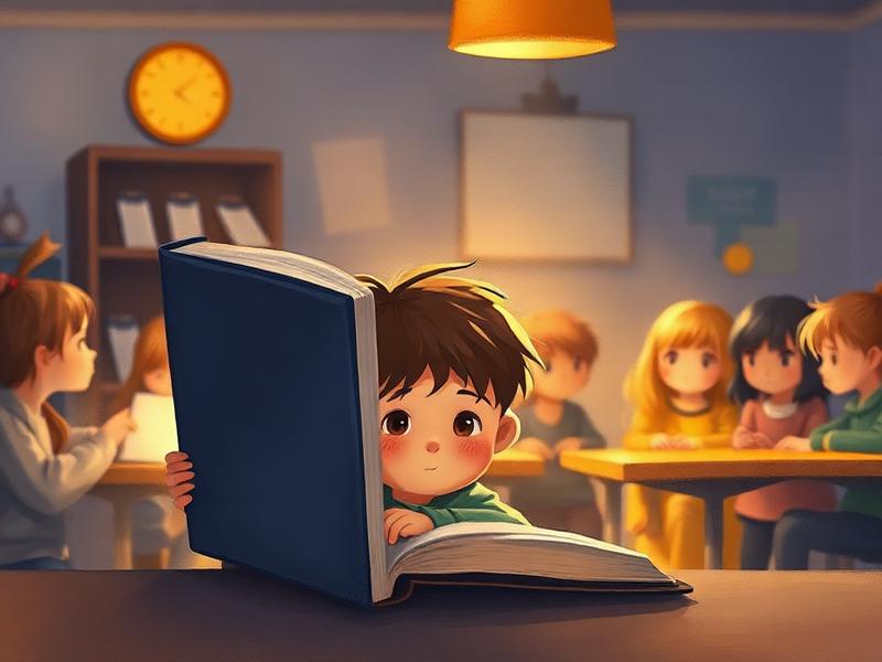 Illustration of a shy child hiding behind a big book at the edge of a lively classroom