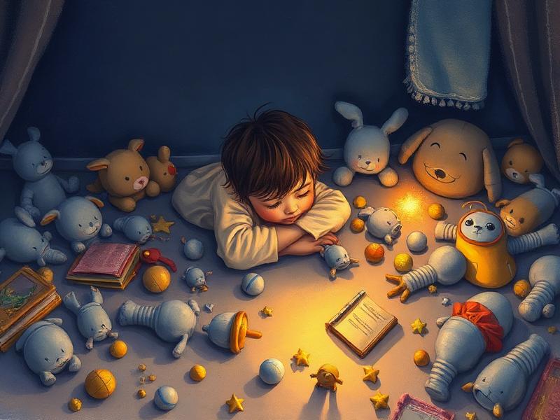 Illustration of a bored child surrounded by dull grey toys with one small glowing book beside them