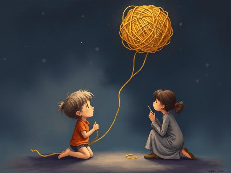 Illustration of a child with a tangled ball of golden yarn above their head while a parent gently untangles a thread