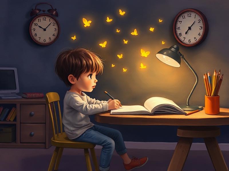 Illustration of a child at a desk whose attention drifts from homework toward glowing fireflies