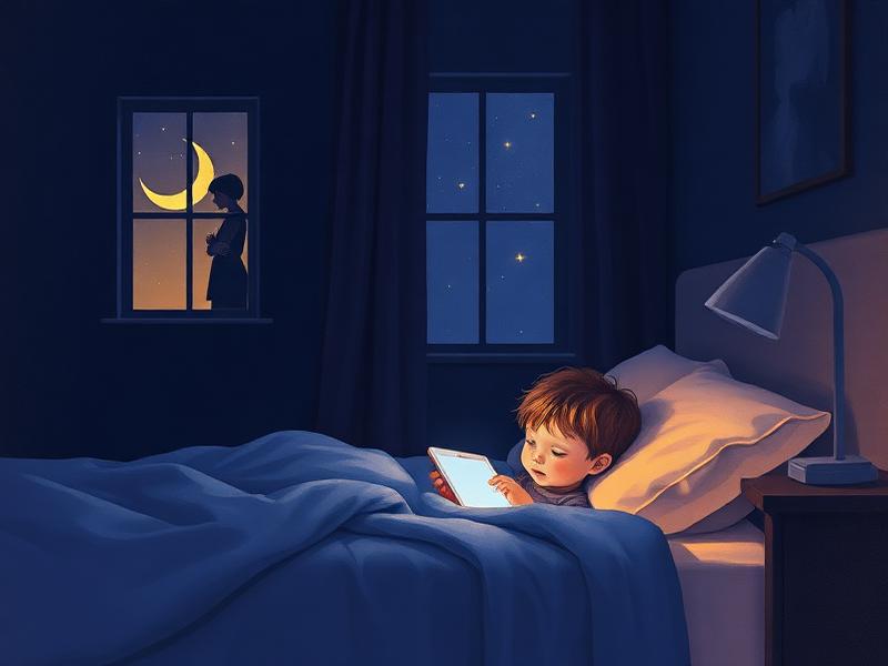 Illustration of a child in bed at night lit by a tablet screen while a parent watches from the doorway