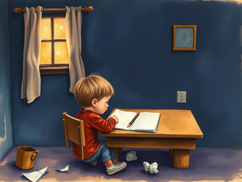 Illustration of a child at a desk staring at a blank page with crumpled paper nearby