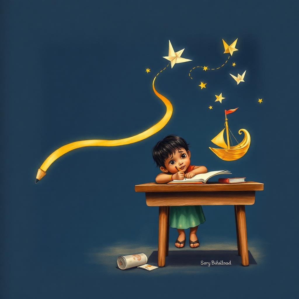 Storybook illustration of a child writing at a desk as characters and paper stars lift off the page