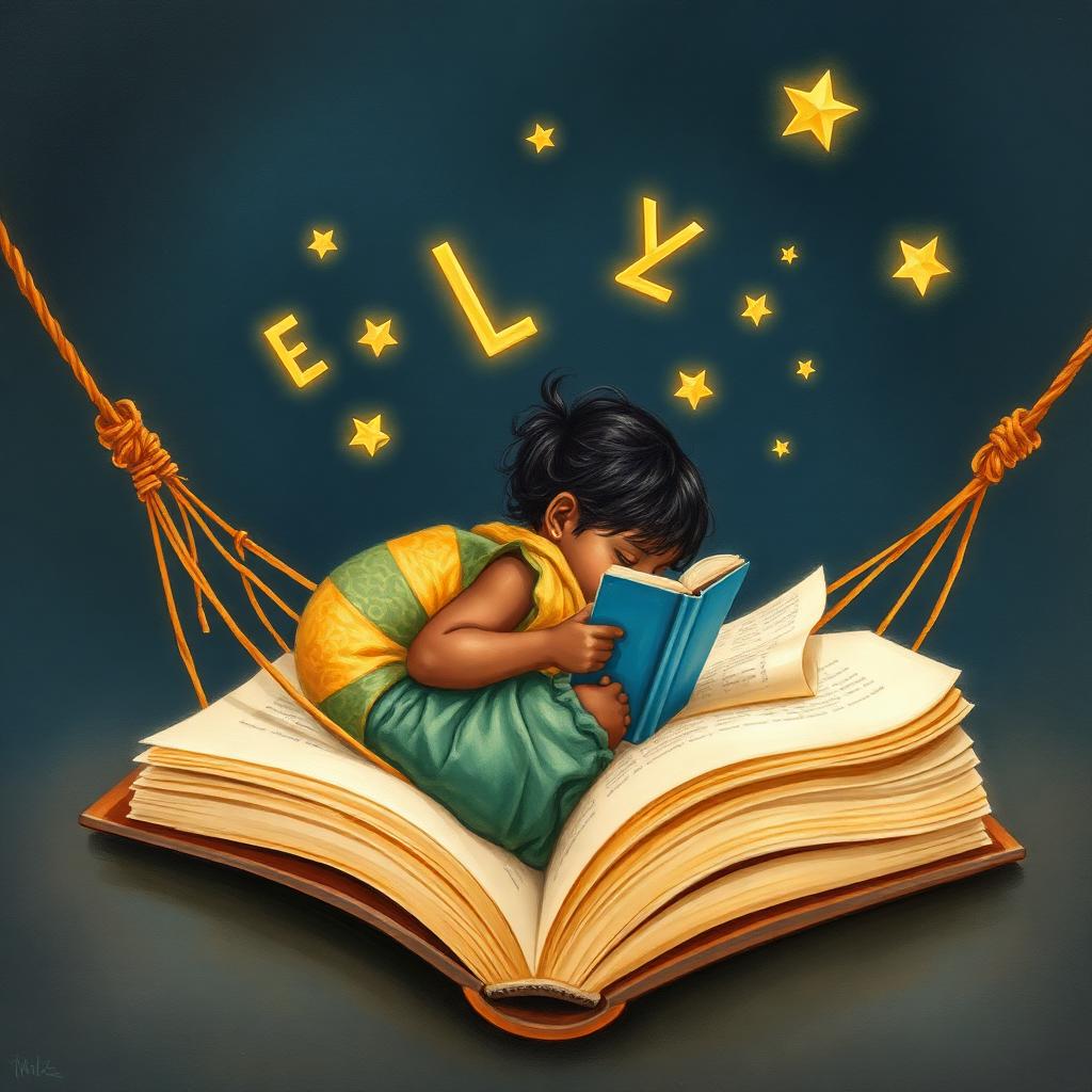 Storybook illustration of a child climbing a mountain of glowing books toward a crescent moon