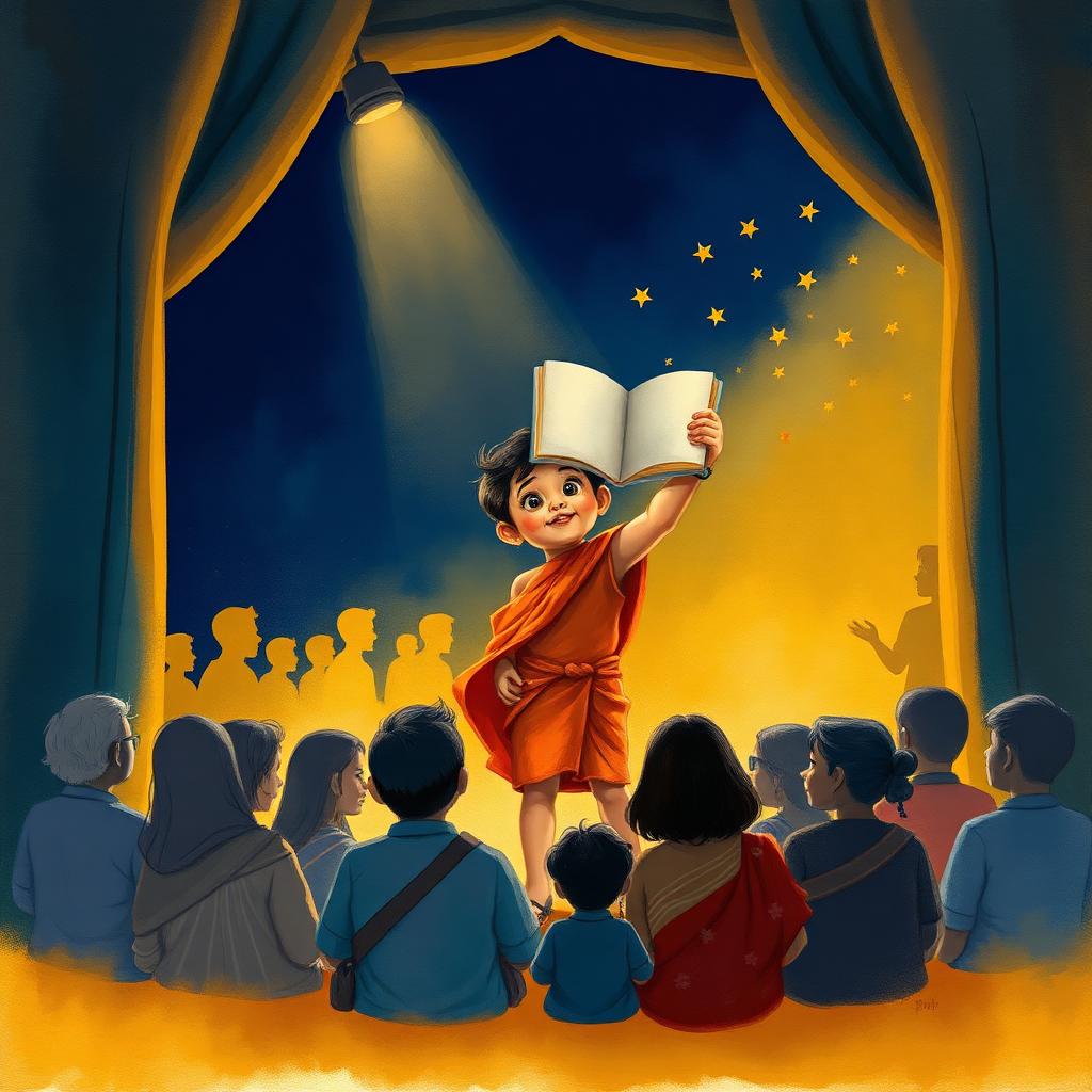 Storybook illustration of a child on a small wooden stage reading to a warm circle of family under string lights