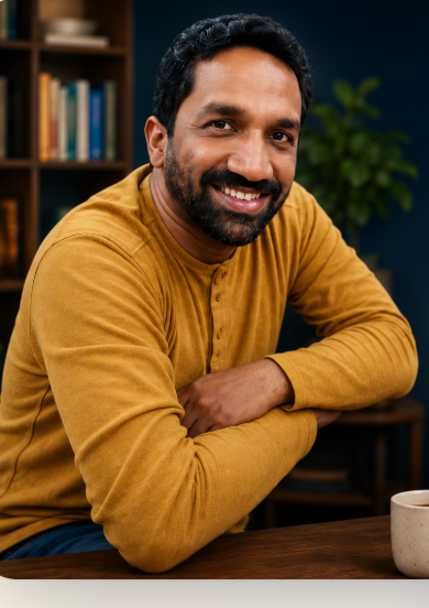 Anuj Gupta, Founder of StoryDarpan, seated beside books in a warm reading space.